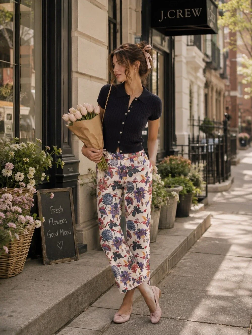 J.CREW Floral Print Cotton Pants White Pockets‎ Straight Leg Mid Rise Size 6